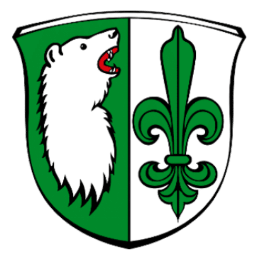 Grainau, Wappen von Grainau Bär und Lilie, Bär links, stilisierte Schwertlilie rechts. Wappen ist in Grün und weiß