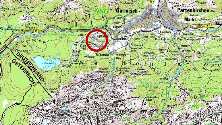 Grainau, Topographische Karte von Grainau und Umgebung mit Garmisch-Partenkirchen, Zugspitzmassiv und Grenze zu Österreich